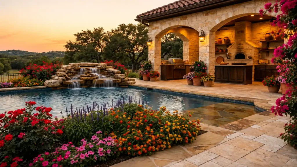 Backyard garden landscape design with ornamental planting, natural stone patio, and luxury outdoor living.