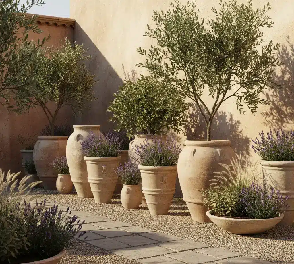 Custom garden design with Mediterranean-inspired planting, decorative planters, and softscape landscaping.