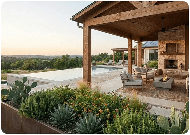 Luxury outdoor living space featuring a covered patio, infinity pool, native landscaping, and Hill Country views in Texas.
