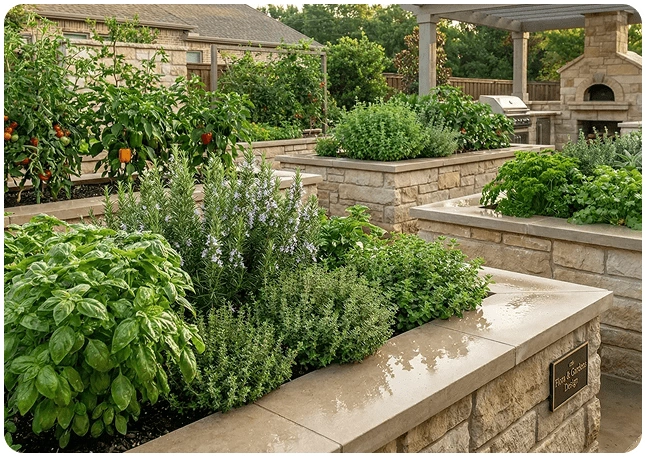 Raised herb and vegetable garden with natural stone planters integrated into a luxury outdoor living space.
