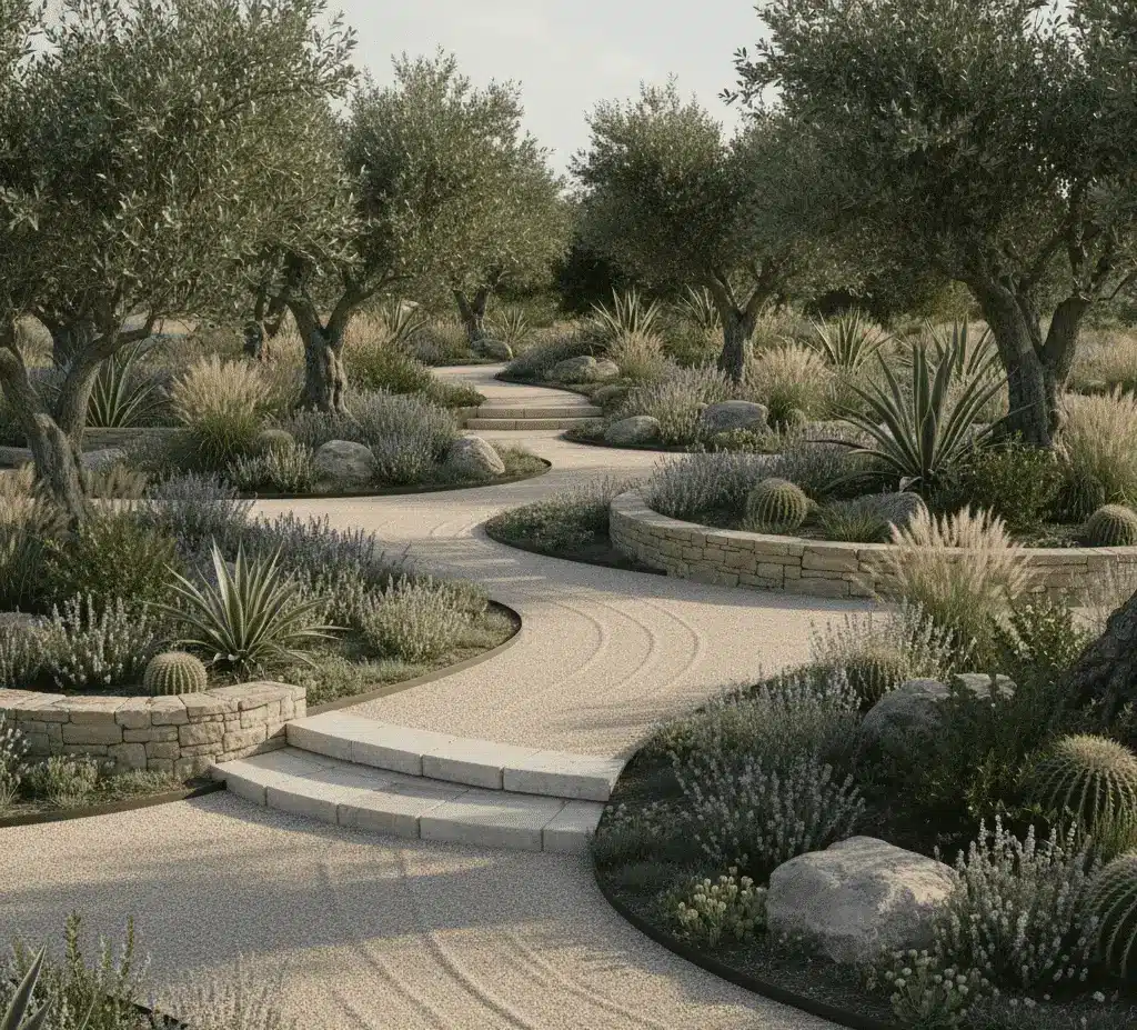 Native plant garden landscape design featuring winding pathways and drought-tolerant landscaping.