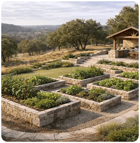 Custom raised bed kitchen garden with natural stone retaining walls designed for a luxury Texas Hill Country home.
